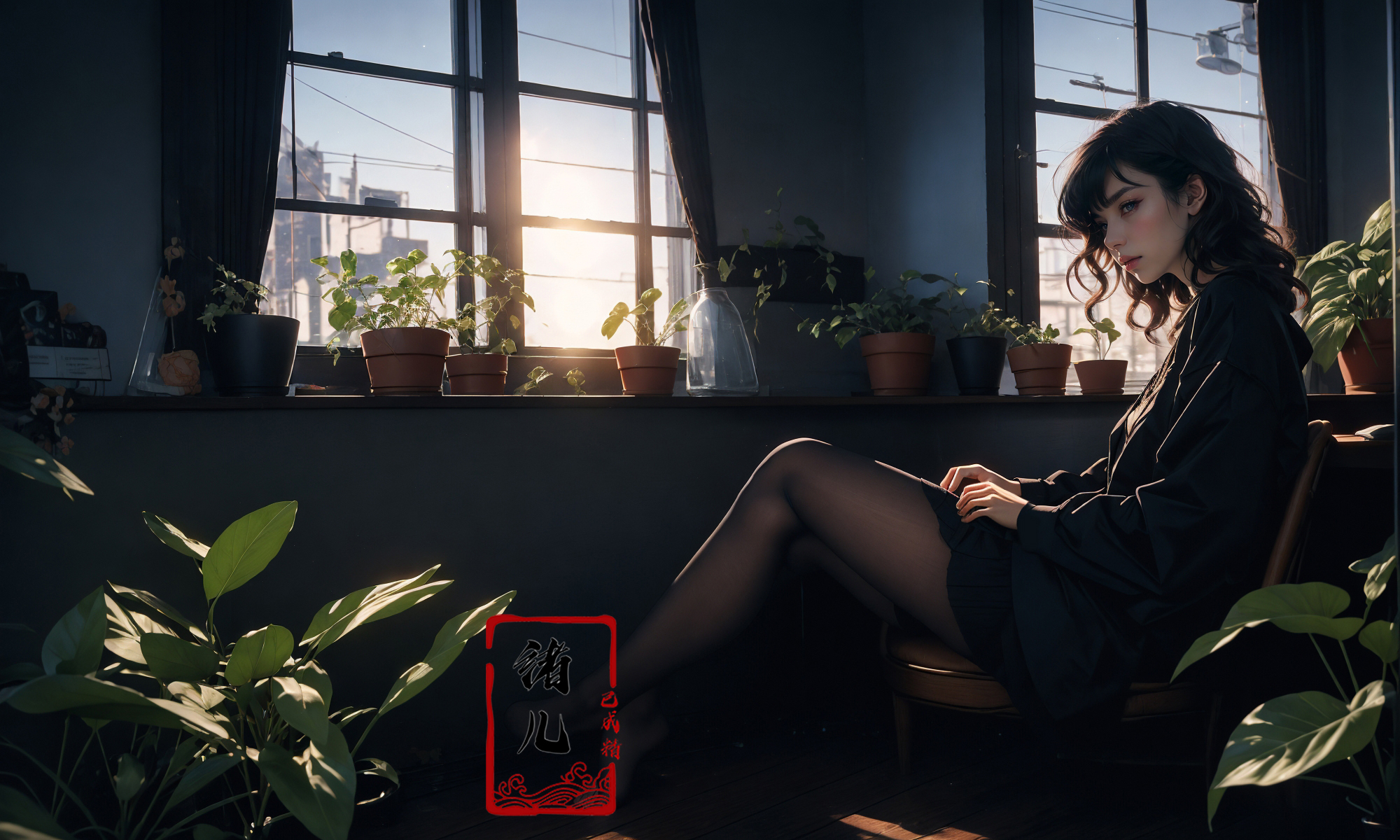 606247209521969363-162428742-1girl,  Milky skin, (shiny skin_1.4)，sit，Crossed legs, Black transparent pantyhose，window，plant，sunlight，no shoes，potted plant，_.jpg